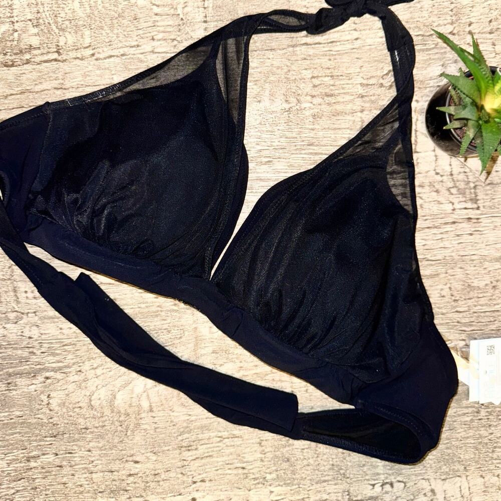 Gottex Black Sheer Mesh Halter Bikini Top Plus‎ Sz16| Retro Glam Resort Swimwear